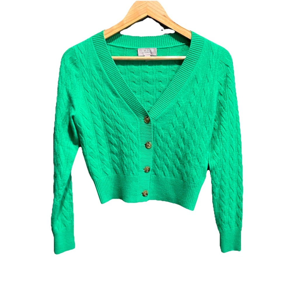 J. Crew Cashmere Green Cable Knit Button Up Crop Cardigan Sweater Size XS‎
